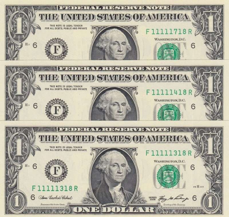 United States of America, 3 Banknotes of 1 Dollar, Fancy serial number ...